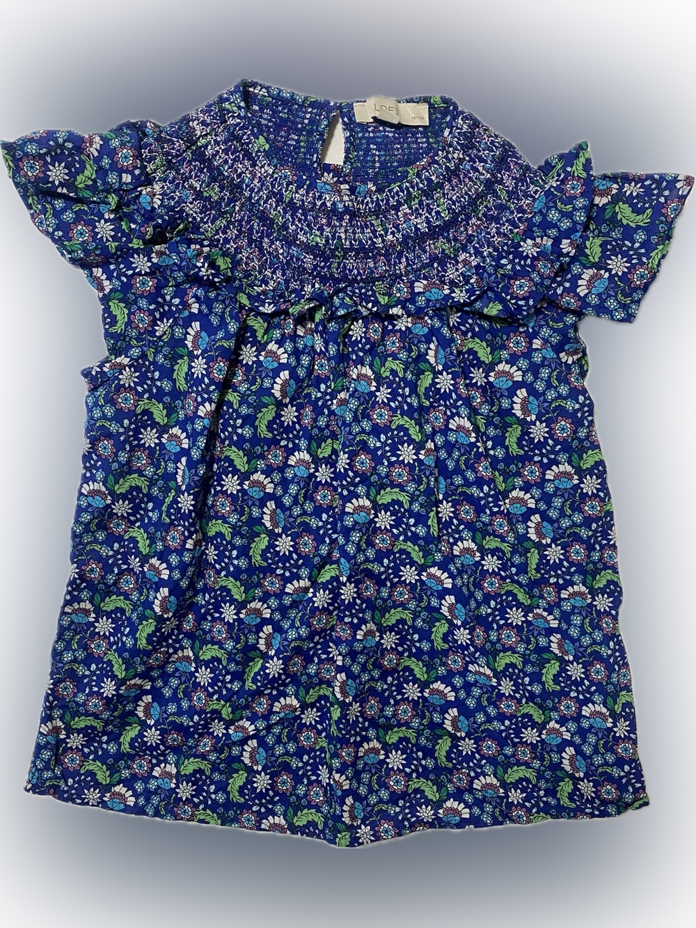 LOFT Navy Blue Floral Smocked Ruffle Sleeve Top